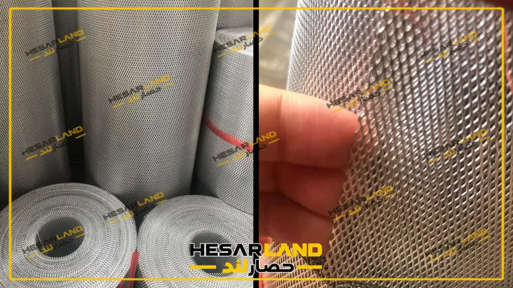 نمای نزدیک بافت و چشمههای توری لوزی آلومینیوم